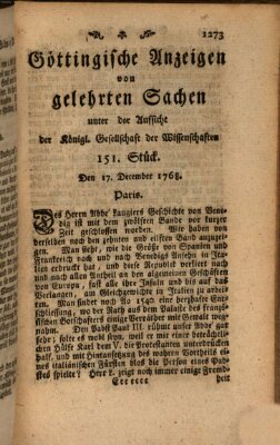 Göttingische Anzeigen von gelehrten Sachen (Göttingische Zeitungen von gelehrten Sachen) Samstag 17. Dezember 1768