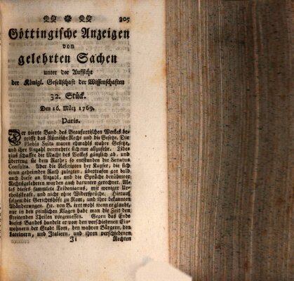 Göttingische Anzeigen von gelehrten Sachen (Göttingische Zeitungen von gelehrten Sachen) Donnerstag 16. März 1769