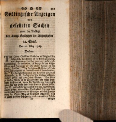 Göttingische Anzeigen von gelehrten Sachen (Göttingische Zeitungen von gelehrten Sachen) Montag 20. März 1769