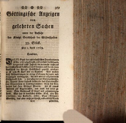 Göttingische Anzeigen von gelehrten Sachen (Göttingische Zeitungen von gelehrten Sachen) Samstag 1. April 1769