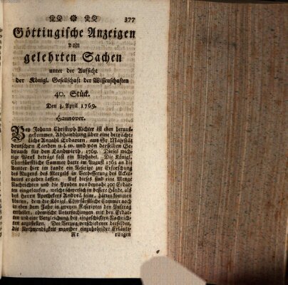 Göttingische Anzeigen von gelehrten Sachen (Göttingische Zeitungen von gelehrten Sachen) Montag 3. April 1769