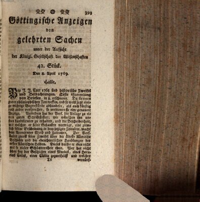 Göttingische Anzeigen von gelehrten Sachen (Göttingische Zeitungen von gelehrten Sachen) Samstag 8. April 1769