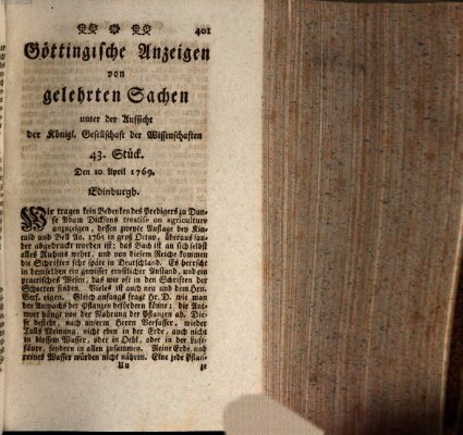 Göttingische Anzeigen von gelehrten Sachen (Göttingische Zeitungen von gelehrten Sachen) Montag 10. April 1769