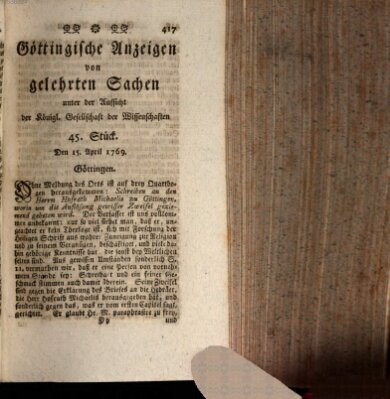 Göttingische Anzeigen von gelehrten Sachen (Göttingische Zeitungen von gelehrten Sachen) Samstag 15. April 1769