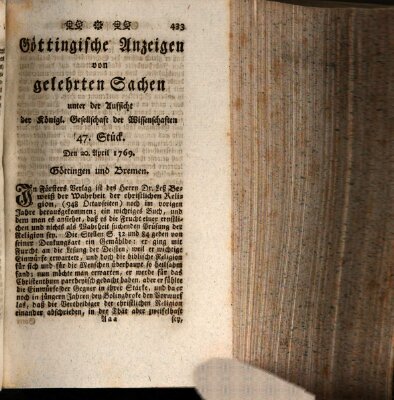 Göttingische Anzeigen von gelehrten Sachen (Göttingische Zeitungen von gelehrten Sachen) Donnerstag 20. April 1769