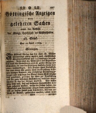 Göttingische Anzeigen von gelehrten Sachen (Göttingische Zeitungen von gelehrten Sachen) Samstag 22. April 1769