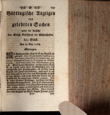 Göttingische Anzeigen von gelehrten Sachen (Göttingische Zeitungen von gelehrten Sachen) Samstag 20. Mai 1769