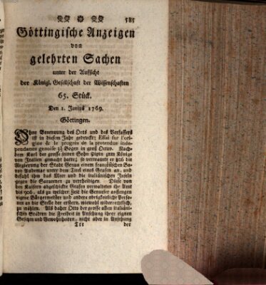 Göttingische Anzeigen von gelehrten Sachen (Göttingische Zeitungen von gelehrten Sachen) Donnerstag 1. Juni 1769