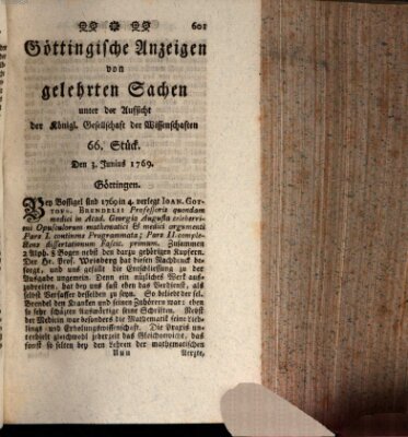 Göttingische Anzeigen von gelehrten Sachen (Göttingische Zeitungen von gelehrten Sachen) Samstag 3. Juni 1769