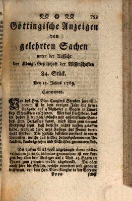 Göttingische Anzeigen von gelehrten Sachen (Göttingische Zeitungen von gelehrten Sachen) Samstag 15. Juli 1769