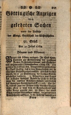 Göttingische Anzeigen von gelehrten Sachen (Göttingische Zeitungen von gelehrten Sachen) Montag 31. Juli 1769