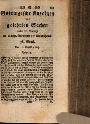 Göttingische Anzeigen von gelehrten Sachen (Göttingische Zeitungen von gelehrten Sachen) Donnerstag 17. August 1769