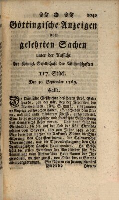 Göttingische Anzeigen von gelehrten Sachen (Göttingische Zeitungen von gelehrten Sachen) Samstag 30. September 1769