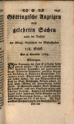 Göttingische Anzeigen von gelehrten Sachen (Göttingische Zeitungen von gelehrten Sachen) Samstag 18. November 1769