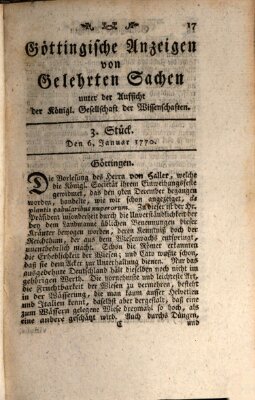 Göttingische Anzeigen von gelehrten Sachen (Göttingische Zeitungen von gelehrten Sachen) Samstag 6. Januar 1770