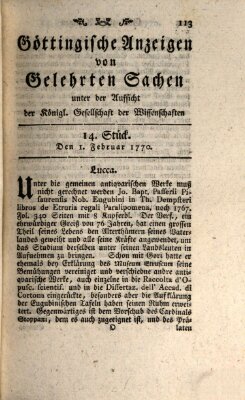 Göttingische Anzeigen von gelehrten Sachen (Göttingische Zeitungen von gelehrten Sachen) Donnerstag 1. Februar 1770