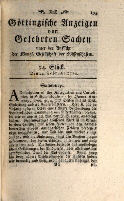 Göttingische Anzeigen von gelehrten Sachen (Göttingische Zeitungen von gelehrten Sachen) Samstag 24. Februar 1770