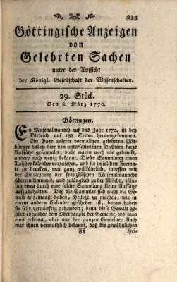 Göttingische Anzeigen von gelehrten Sachen (Göttingische Zeitungen von gelehrten Sachen) Donnerstag 8. März 1770