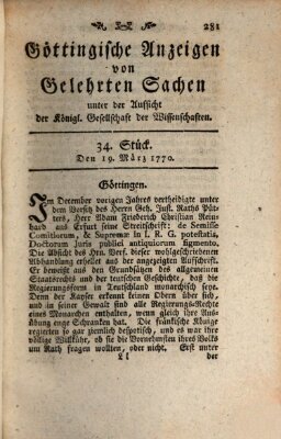 Göttingische Anzeigen von gelehrten Sachen (Göttingische Zeitungen von gelehrten Sachen) Montag 19. März 1770