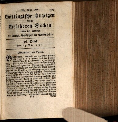 Göttingische Anzeigen von gelehrten Sachen (Göttingische Zeitungen von gelehrten Sachen) Samstag 24. März 1770