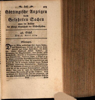 Göttingische Anzeigen von gelehrten Sachen (Göttingische Zeitungen von gelehrten Sachen) Samstag 21. April 1770