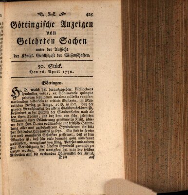 Göttingische Anzeigen von gelehrten Sachen (Göttingische Zeitungen von gelehrten Sachen) Donnerstag 26. April 1770