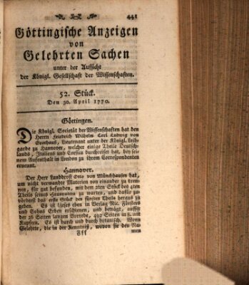 Göttingische Anzeigen von gelehrten Sachen (Göttingische Zeitungen von gelehrten Sachen) Montag 30. April 1770