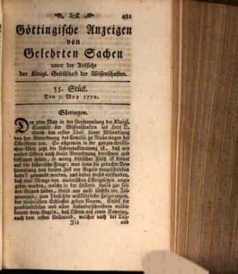 Göttingische Anzeigen von gelehrten Sachen (Göttingische Zeitungen von gelehrten Sachen) Montag 7. Mai 1770