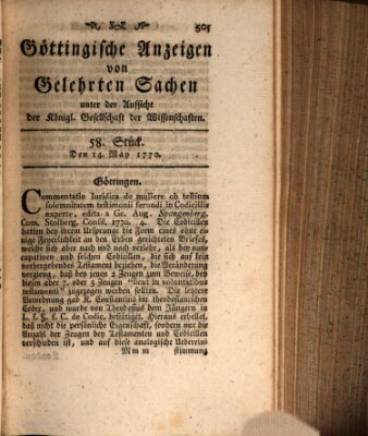 Göttingische Anzeigen von gelehrten Sachen (Göttingische Zeitungen von gelehrten Sachen) Montag 14. Mai 1770