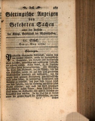 Göttingische Anzeigen von gelehrten Sachen (Göttingische Zeitungen von gelehrten Sachen) Donnerstag 31. Mai 1770