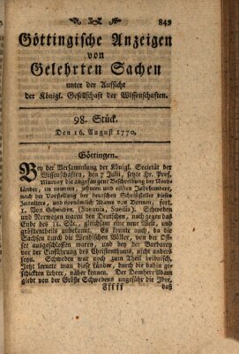 Göttingische Anzeigen von gelehrten Sachen (Göttingische Zeitungen von gelehrten Sachen) Donnerstag 16. August 1770