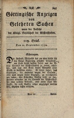 Göttingische Anzeigen von gelehrten Sachen (Göttingische Zeitungen von gelehrten Sachen) Montag 10. September 1770