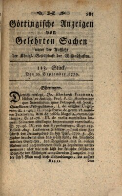 Göttingische Anzeigen von gelehrten Sachen (Göttingische Zeitungen von gelehrten Sachen) Donnerstag 20. September 1770