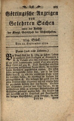 Göttingische Anzeigen von gelehrten Sachen (Göttingische Zeitungen von gelehrten Sachen) Samstag 22. September 1770