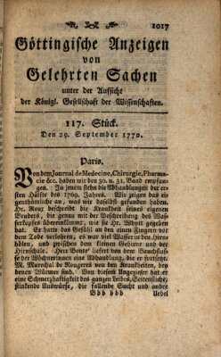 Göttingische Anzeigen von gelehrten Sachen (Göttingische Zeitungen von gelehrten Sachen) Samstag 29. September 1770