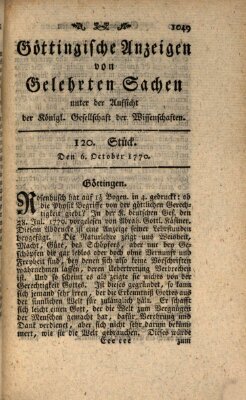 Göttingische Anzeigen von gelehrten Sachen (Göttingische Zeitungen von gelehrten Sachen) Samstag 6. Oktober 1770