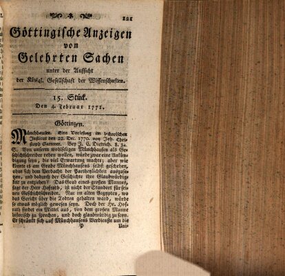 Göttingische Anzeigen von gelehrten Sachen (Göttingische Zeitungen von gelehrten Sachen) Montag 4. Februar 1771