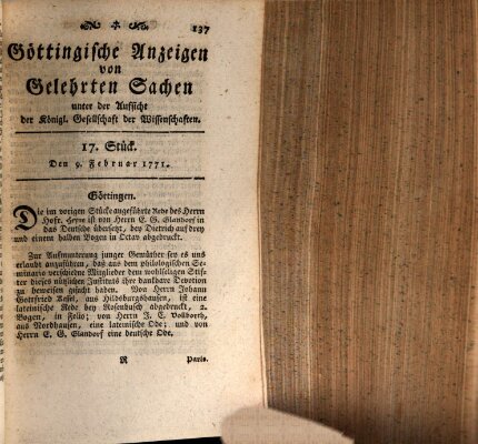 Göttingische Anzeigen von gelehrten Sachen (Göttingische Zeitungen von gelehrten Sachen) Samstag 9. Februar 1771