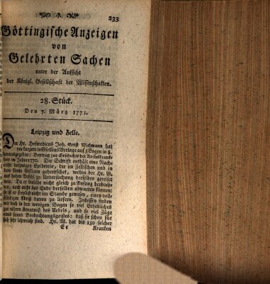 Göttingische Anzeigen von gelehrten Sachen (Göttingische Zeitungen von gelehrten Sachen) Donnerstag 7. März 1771