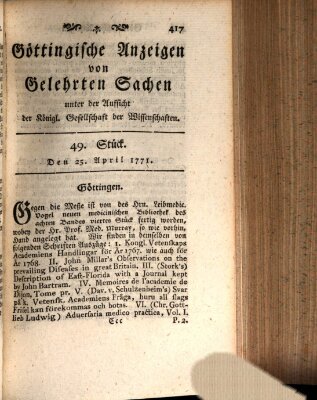 Göttingische Anzeigen von gelehrten Sachen (Göttingische Zeitungen von gelehrten Sachen) Donnerstag 25. April 1771