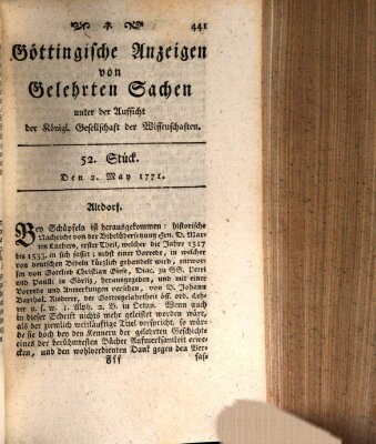 Göttingische Anzeigen von gelehrten Sachen (Göttingische Zeitungen von gelehrten Sachen) Donnerstag 2. Mai 1771