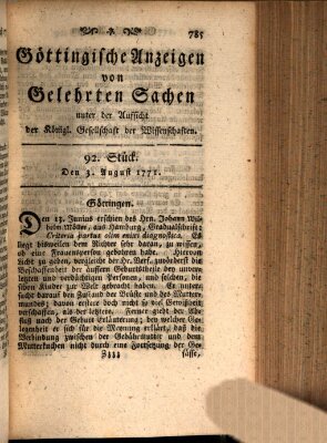 Göttingische Anzeigen von gelehrten Sachen (Göttingische Zeitungen von gelehrten Sachen) Samstag 3. August 1771