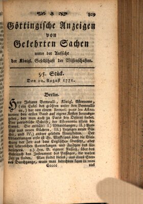 Göttingische Anzeigen von gelehrten Sachen (Göttingische Zeitungen von gelehrten Sachen) Samstag 10. August 1771