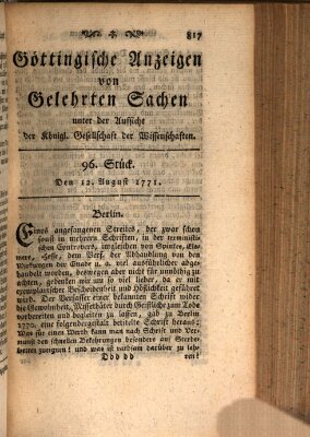 Göttingische Anzeigen von gelehrten Sachen (Göttingische Zeitungen von gelehrten Sachen) Montag 12. August 1771