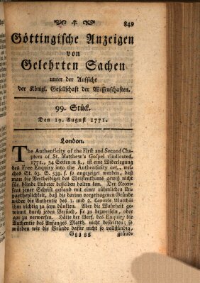 Göttingische Anzeigen von gelehrten Sachen (Göttingische Zeitungen von gelehrten Sachen) Montag 19. August 1771