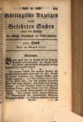 Göttingische Anzeigen von gelehrten Sachen (Göttingische Zeitungen von gelehrten Sachen) Montag 26. August 1771