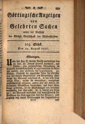 Göttingische Anzeigen von gelehrten Sachen (Göttingische Zeitungen von gelehrten Sachen) Donnerstag 29. August 1771