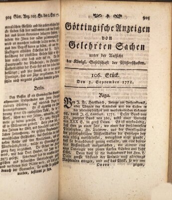 Göttingische Anzeigen von gelehrten Sachen (Göttingische Zeitungen von gelehrten Sachen) Donnerstag 5. September 1771