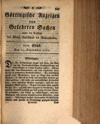 Göttingische Anzeigen von gelehrten Sachen (Göttingische Zeitungen von gelehrten Sachen) Samstag 14. September 1771