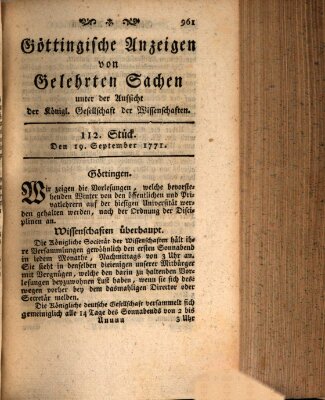 Göttingische Anzeigen von gelehrten Sachen (Göttingische Zeitungen von gelehrten Sachen) Donnerstag 19. September 1771